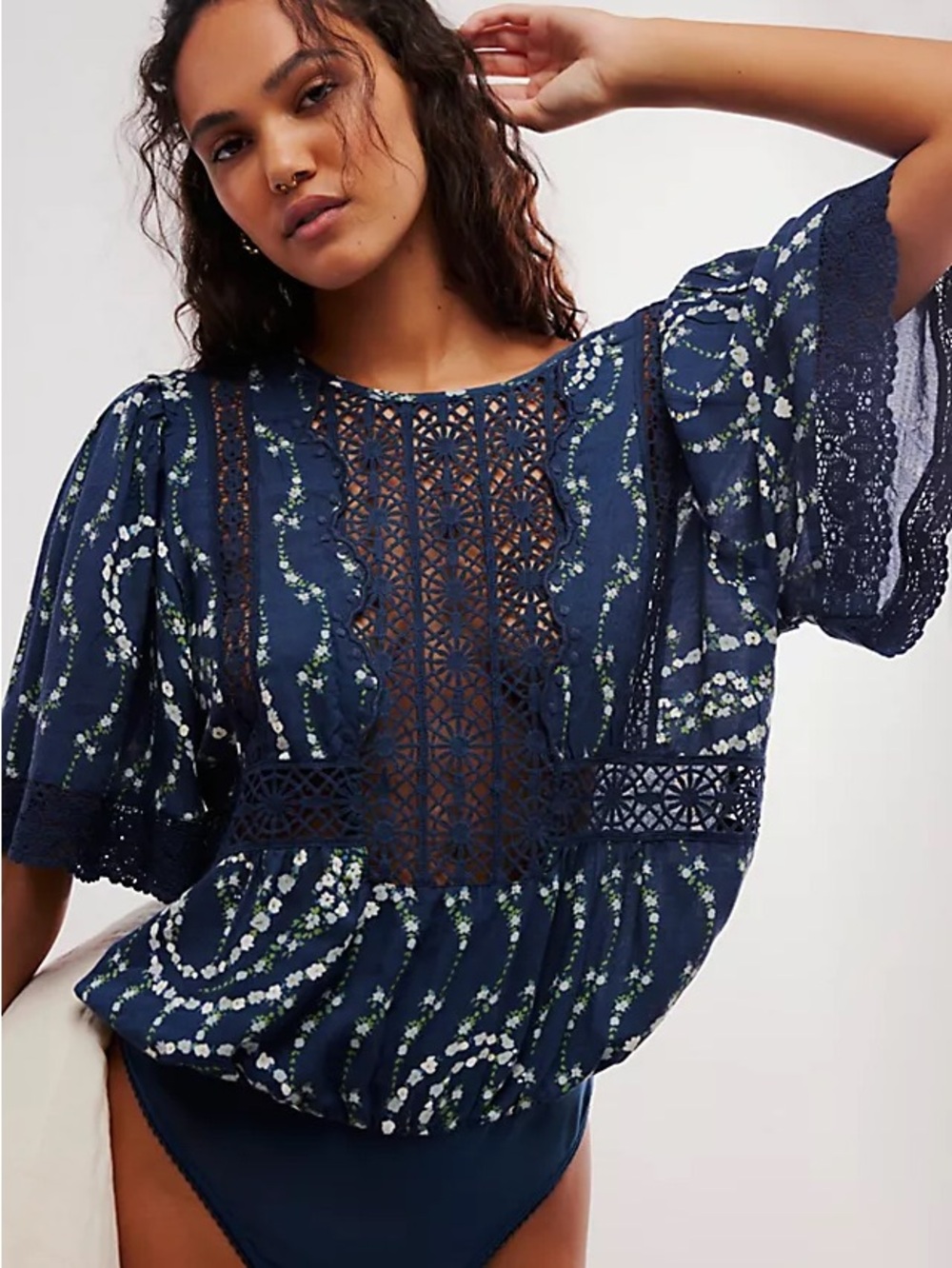 Free People Intimately Bali Tate Crochet Floral Mixed Media Bodysuit Navy Large